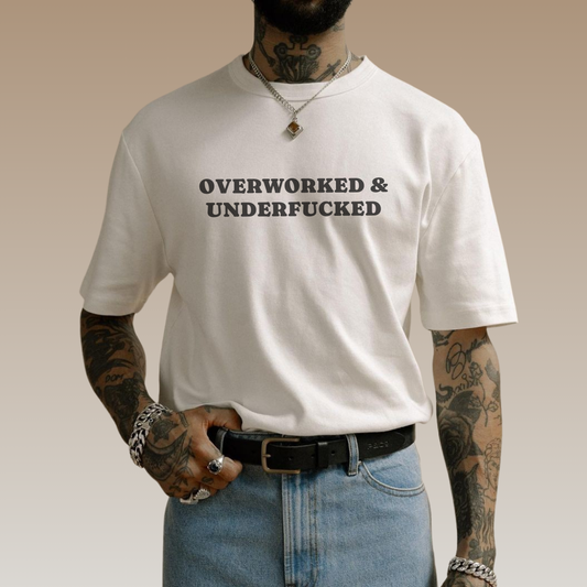 Funny Boxy T-Shirt with JOI - OVERWORKED & UNDERFUCKED